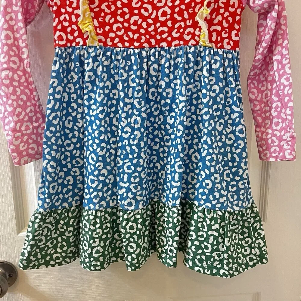 Mini Boden Colorblock Cheetah Print Dress Long Sleeve Ruffle Girls Size 7-8